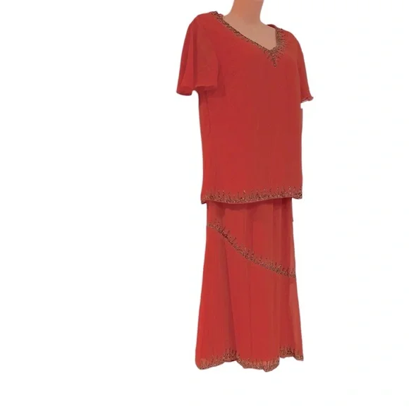 ASHRO Bead Trimmed Georgette Tangerine Orange Midi Skirt Set Wedding Guest Dress - Picture 3 of 16